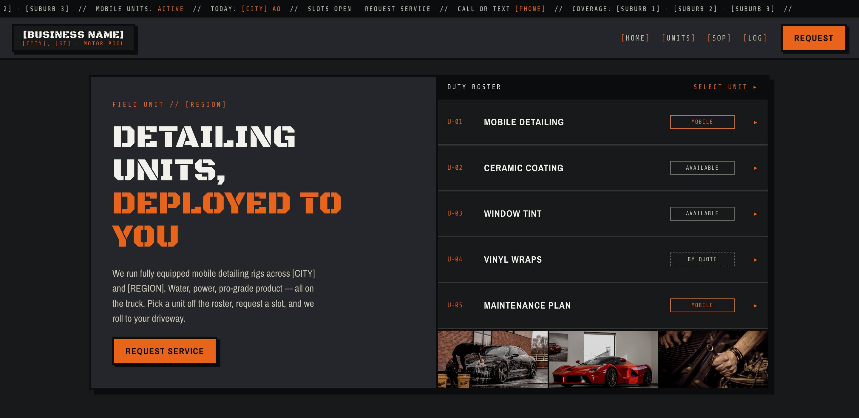 MOTORPOOL design system — military operations board with duty roster navigation