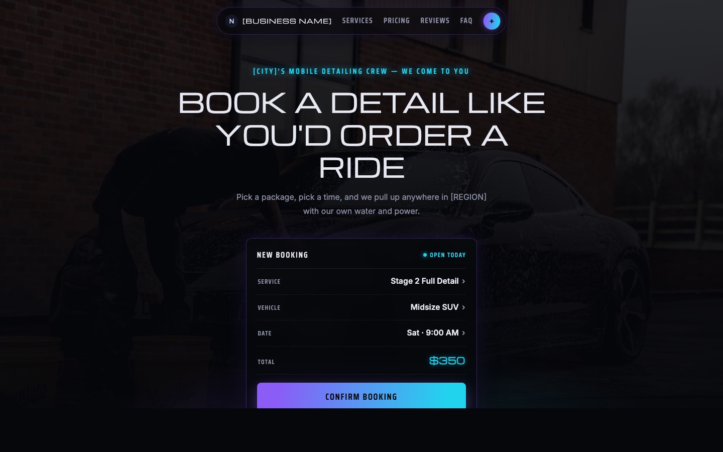 NIGHTSHIFT design system — neon app-style landing with a booking card hero