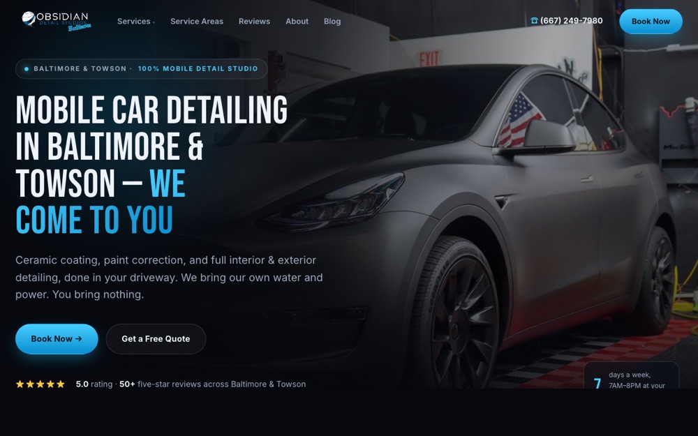Obsidian Detail Studios detailing website, Baltimore MD